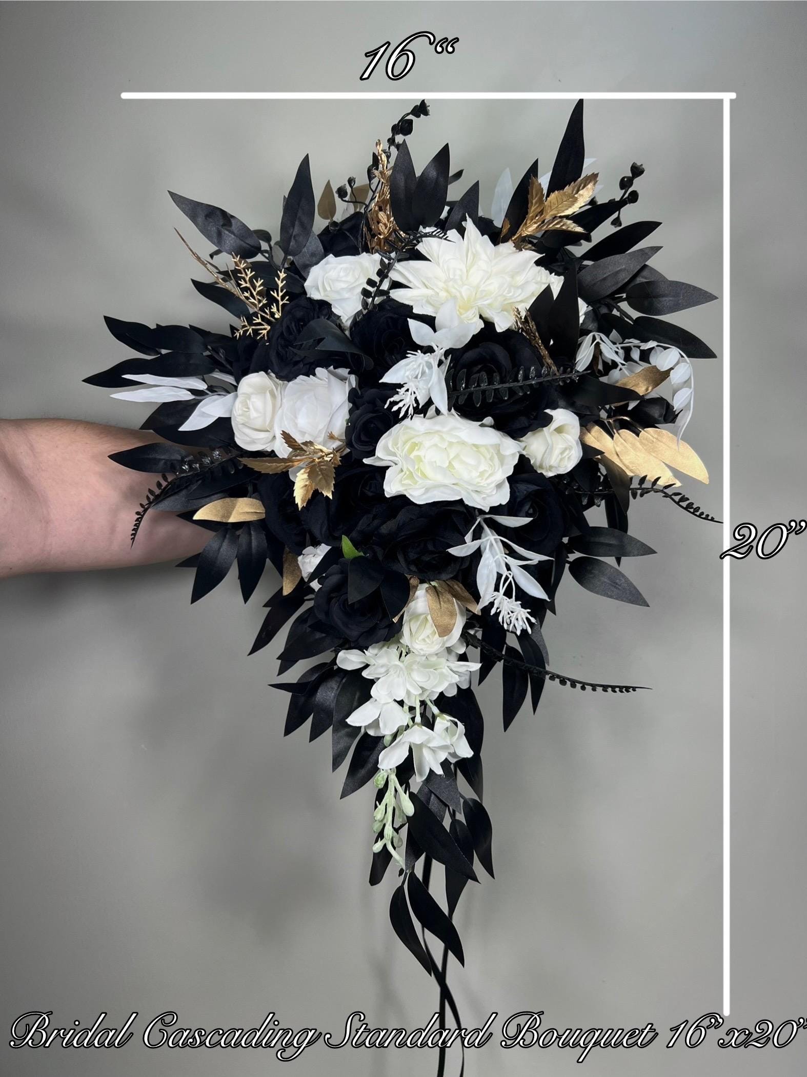 Black White Bouquet Wedding Bridal Gothic Bouquet Cascade Black Gold White Bridesmaids Cascading Bouquet Halloween Artificial Flowers
