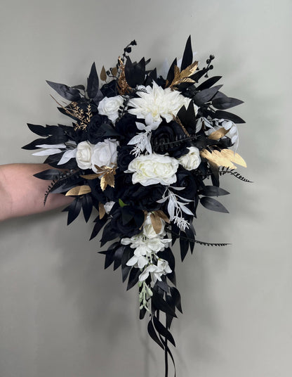 Black White Bouquet Wedding Bridal Gothic Bouquet Cascade Black Gold White Bridesmaids Cascading Bouquet Halloween Artificial Flowers