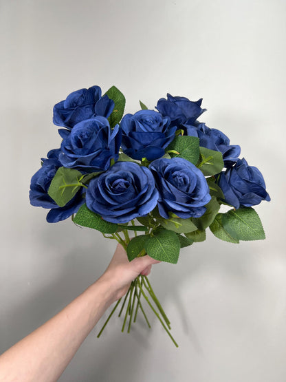 Navy Blue Roses Artificial Flower Heads with Stem Leaves Wedding Roses for Bouquet DIY Royal Blue Flowers Heads Silk Roses Dark Blue