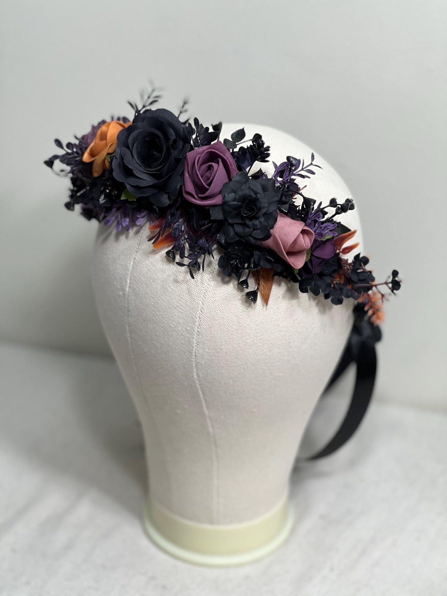 Black Flower Crown Wedding Crown Gothic Floral Plum Orange Artificial Faux Floral Crown Halloween Hair Accessories Wreath Adult Dark Purple
