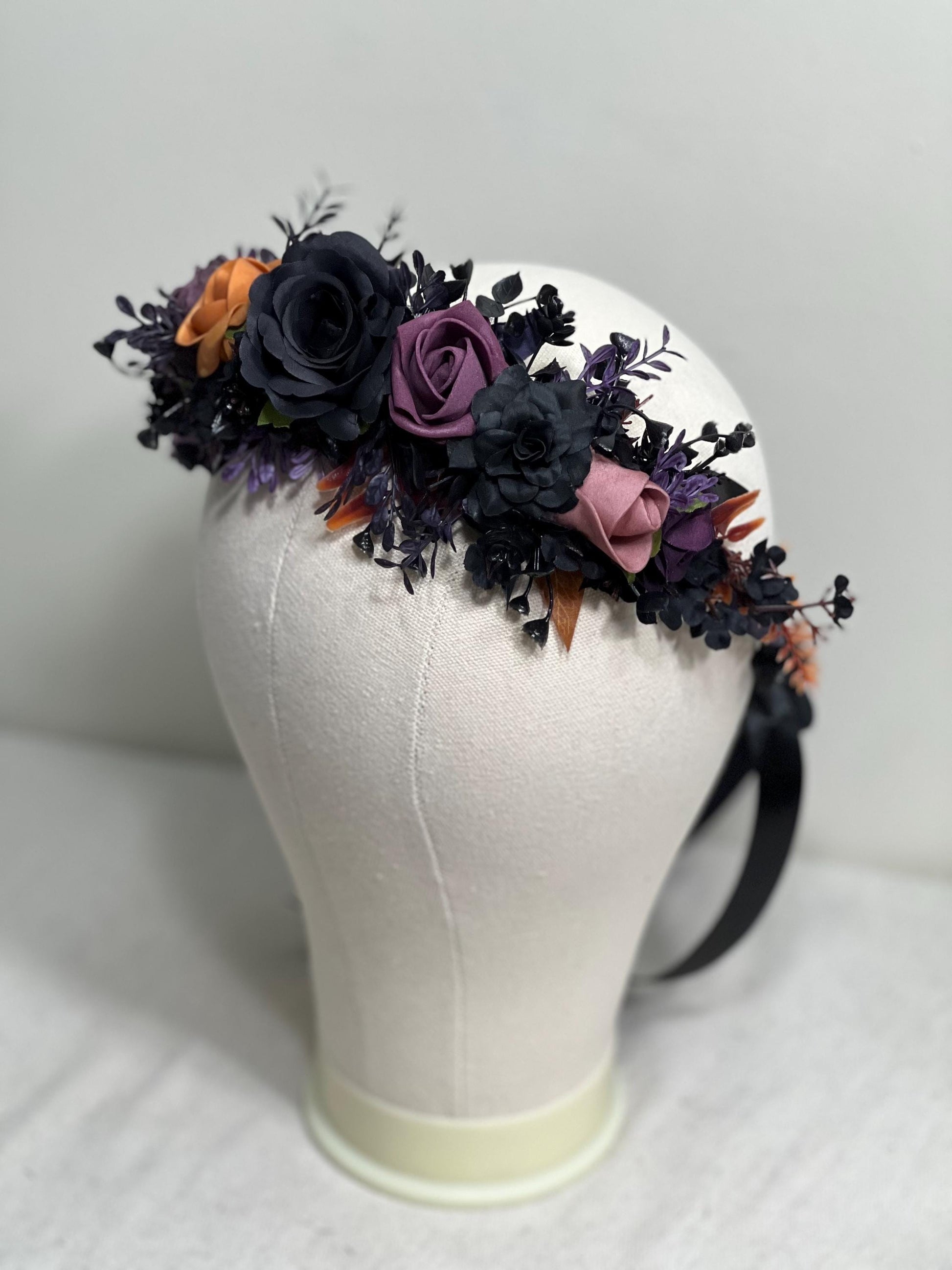 Black Flower Crown Wedding Crown Gothic Floral Plum Orange Artificial Faux Floral Crown Halloween Hair Accessories Wreath Adult Dark Purple