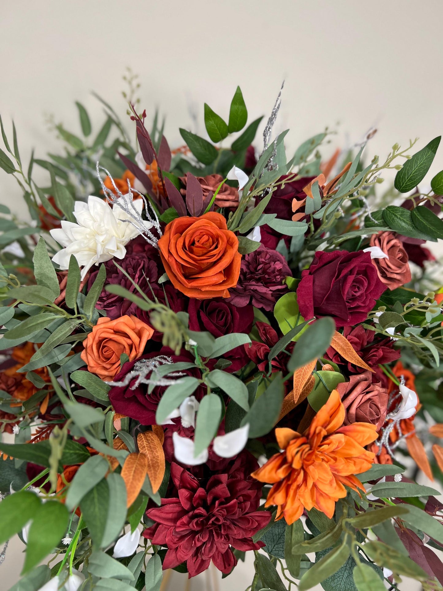 Orange Burgundy Flower Ball Wedding Terracotta Floral Arrangement Reception Table Rust Eucalyptus White Fall Centerpiece Barrel Decor Rustic
