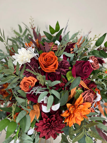Orange Burgundy Flower Ball Wedding Terracotta Floral Arrangement Reception Table Rust Eucalyptus White Fall Centerpiece Barrel Decor Rustic