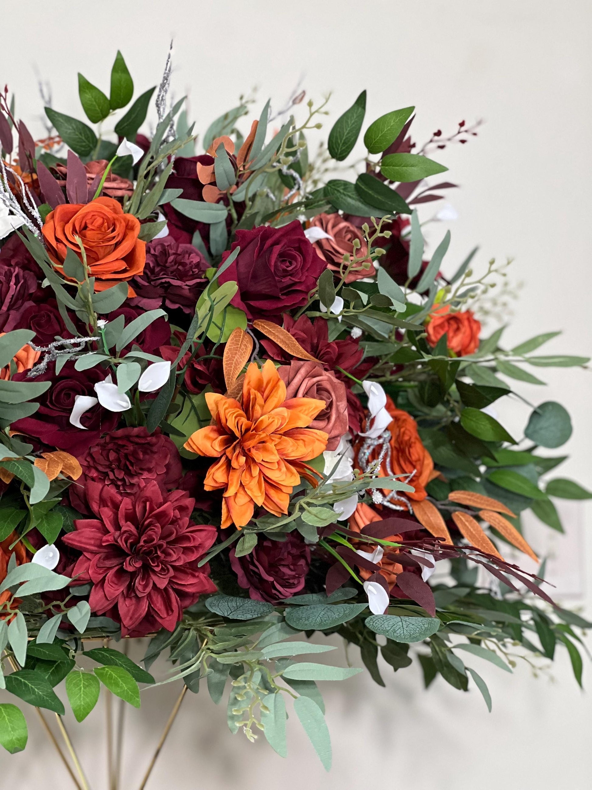 Orange Burgundy Flower Ball Wedding Terracotta Floral Arrangement Reception Table Rust Eucalyptus White Fall Centerpiece Barrel Decor Rustic