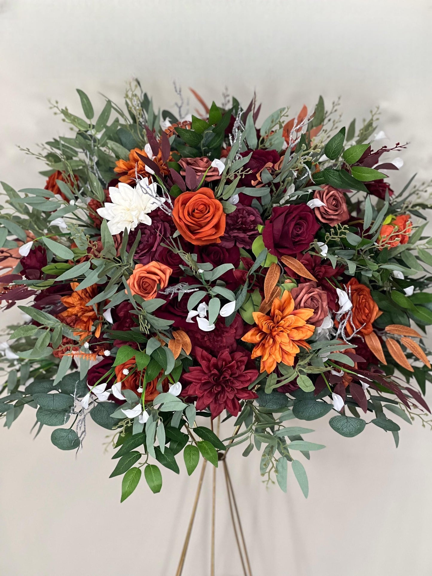 Orange Burgundy Flower Ball Wedding Terracotta Floral Arrangement Reception Table Rust Eucalyptus White Fall Centerpiece Barrel Decor Rustic
