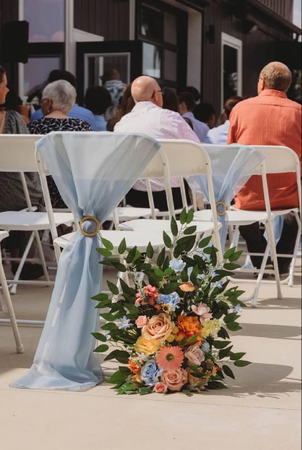 Wedding Aisle Marker Flower Floor Arrangement Whiskey Barrel Décor Wild Flowers Pink Blue Ground Arch Wildflowers Colorful Orange