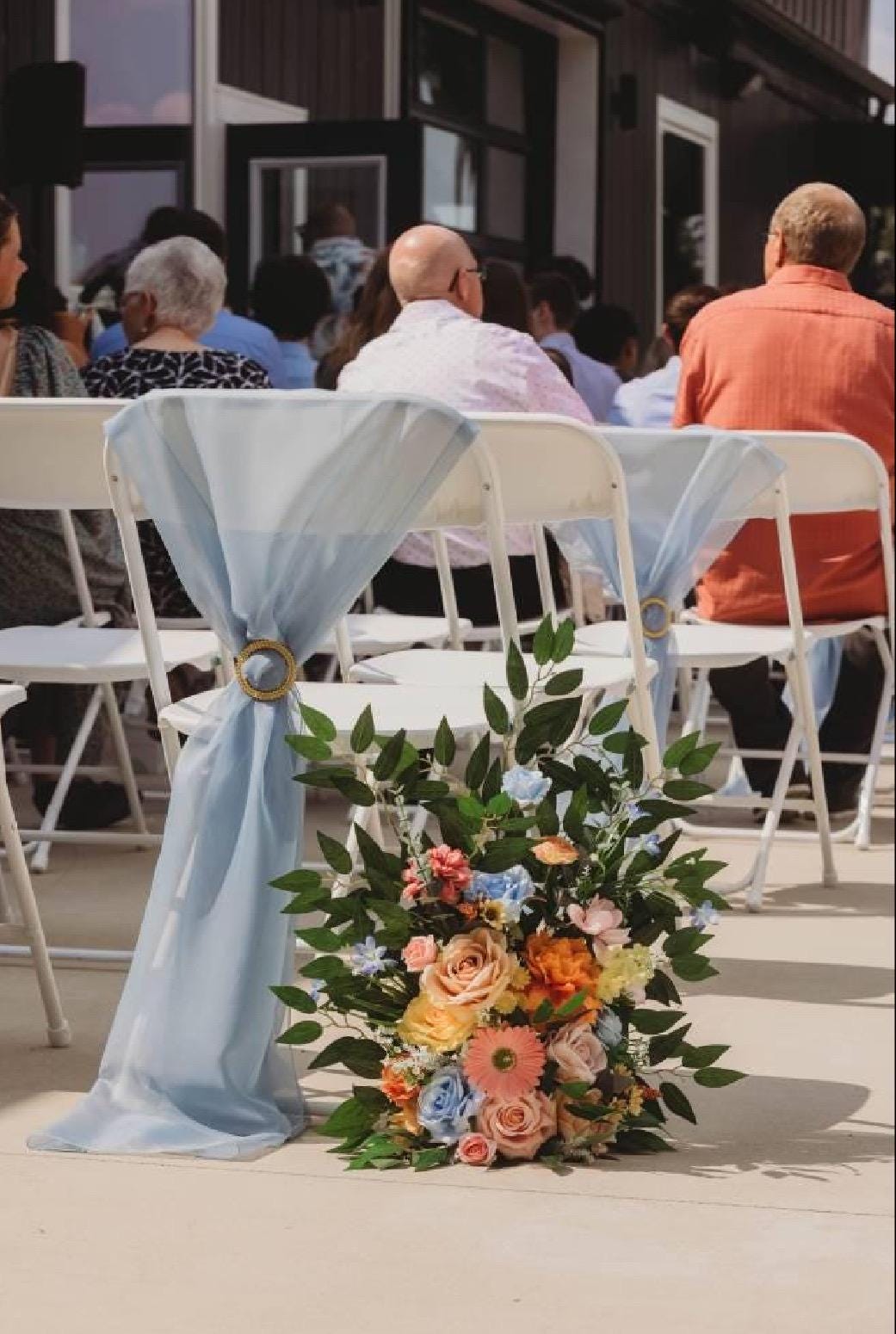 Wedding Aisle Marker Flower Floor Arrangement Whiskey Barrel Décor Wild Flowers Pink Blue Ground Arch Wildflowers Colorful Orange