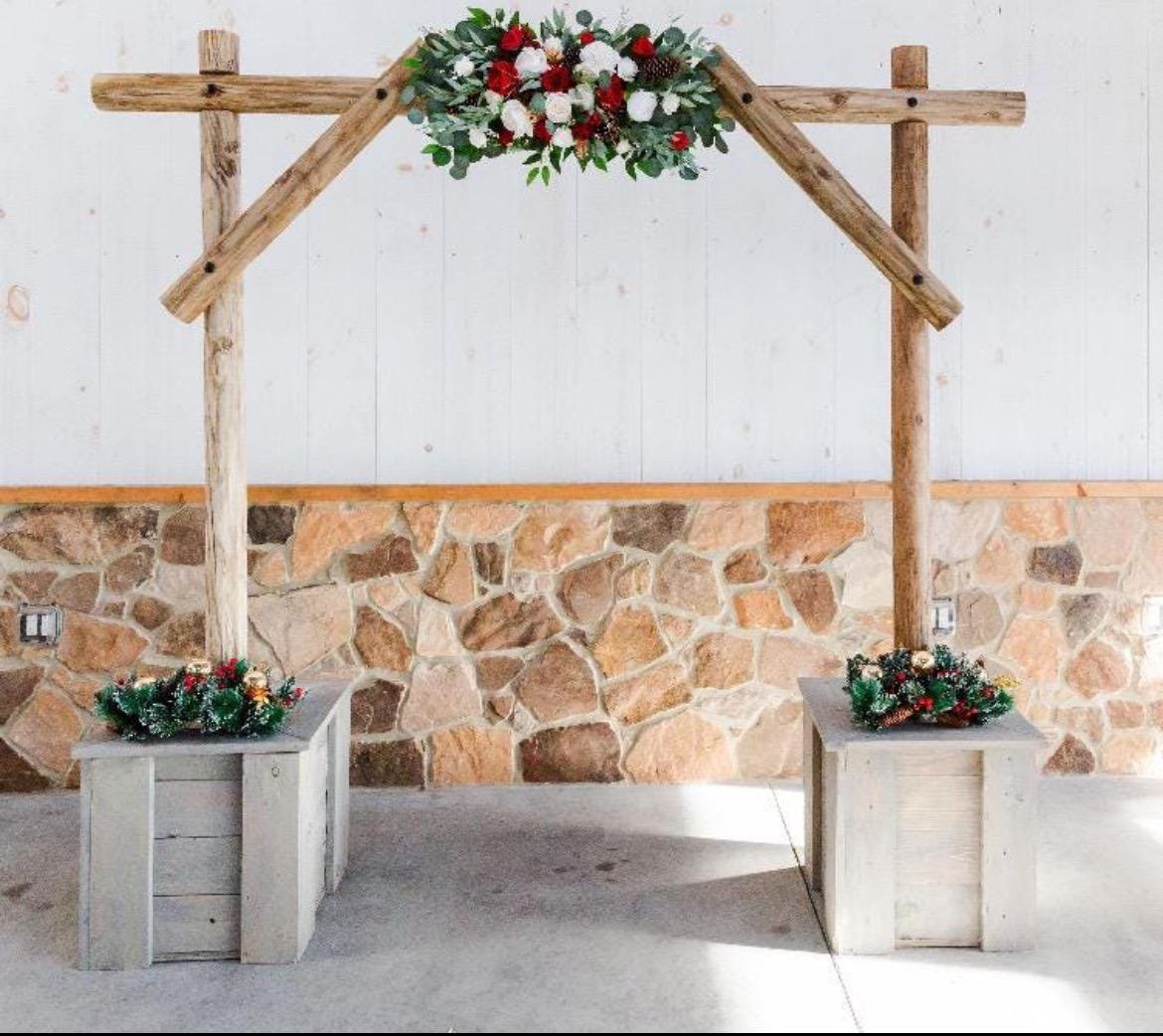 Christmas Cascading Bouquet Bridal Wedding White Red Winter Bouquet Cascade Pine Cones Bridesmaids Ivory Dark Red Gold Artificial Flower