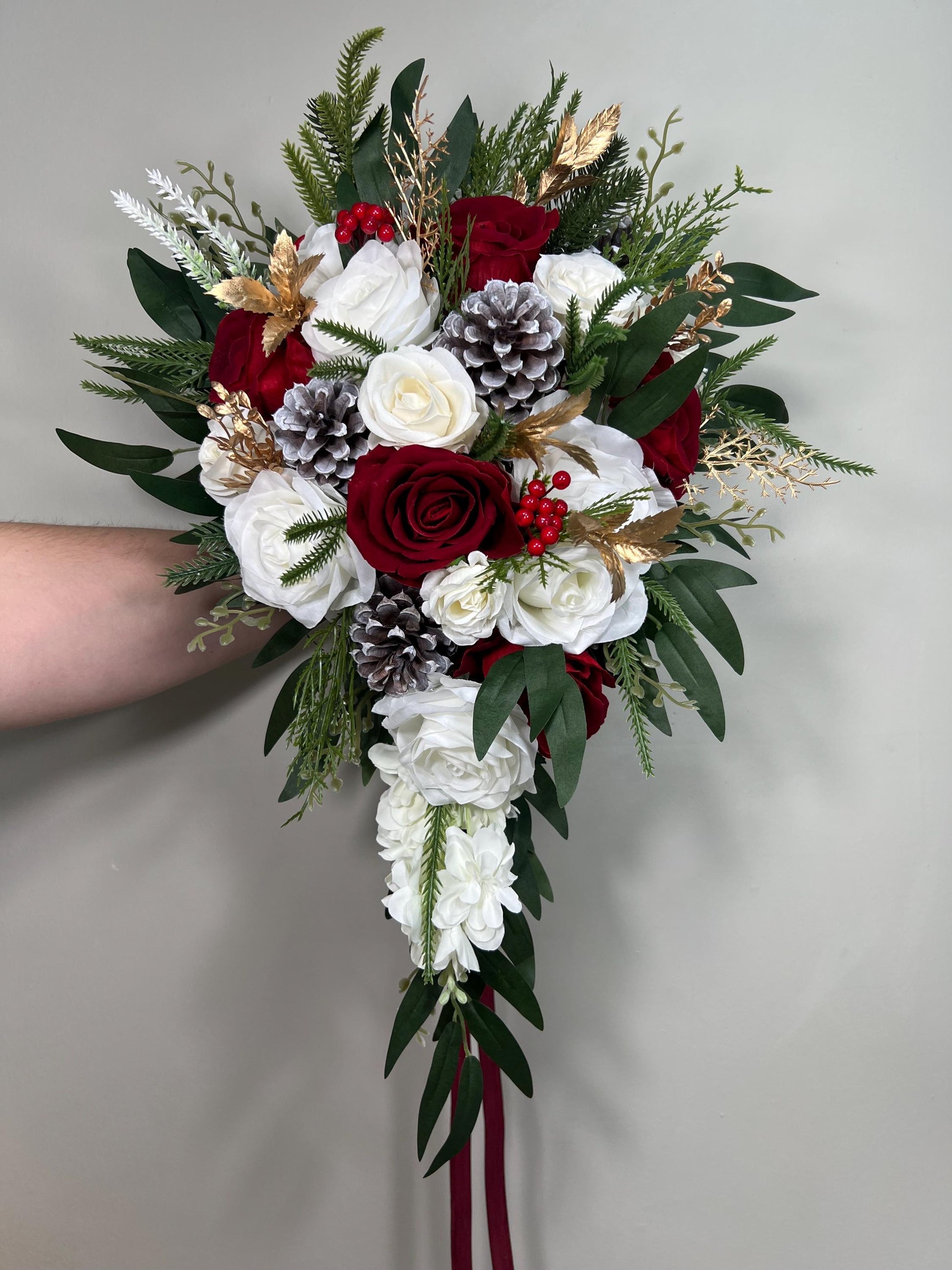 Christmas Cascading Bouquet Bridal Wedding White Red Winter Bouquet Cascade Pine Cones Bridesmaids Ivory Dark Red Gold Artificial Flower