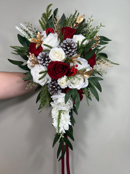 Christmas Cascading Bouquet Bridal Wedding White Red Winter Bouquet Cascade Pine Cones Bridesmaids Ivory Dark Red Gold Artificial Flower