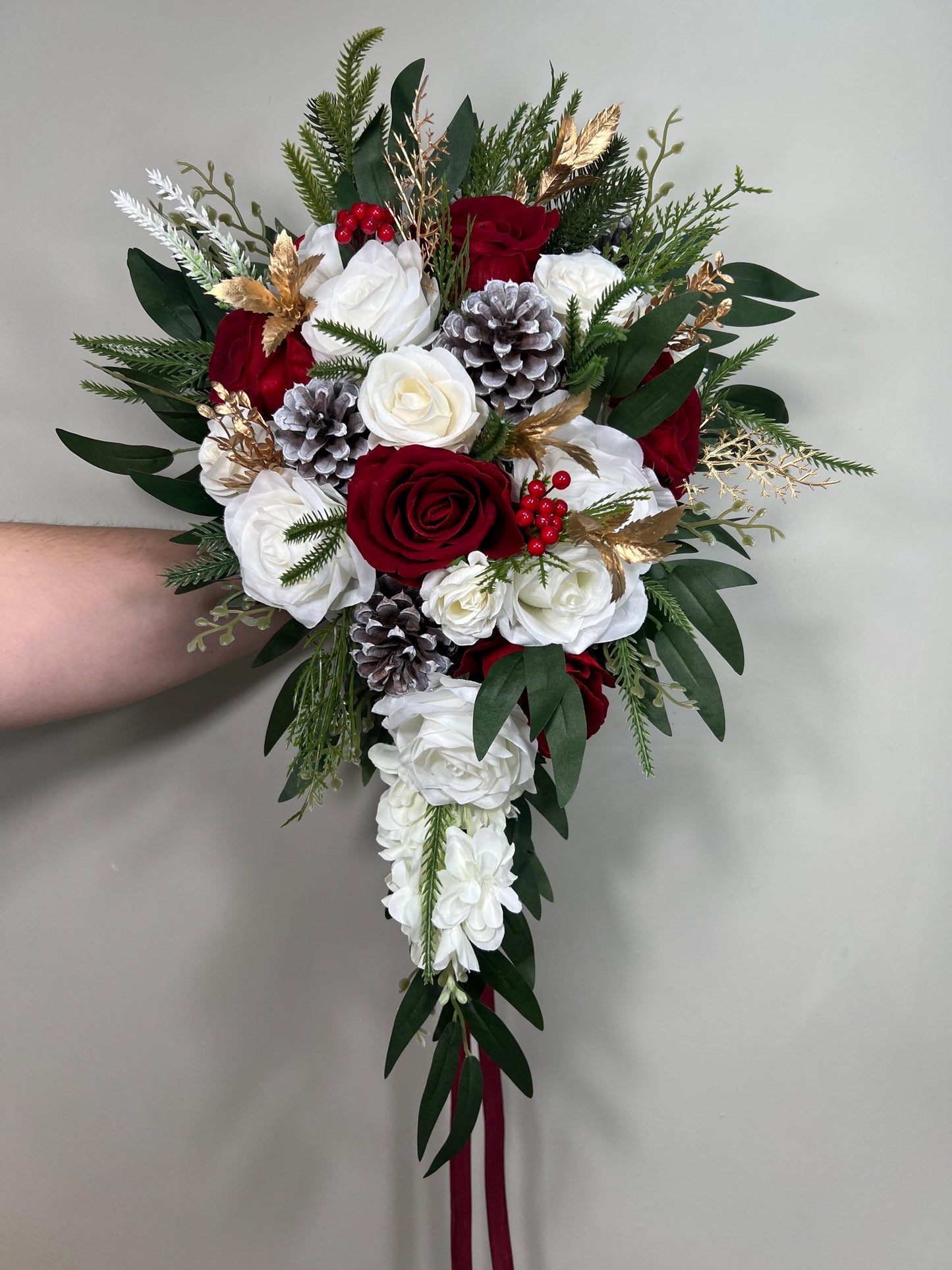 Christmas Cascading Bouquet Bridal Wedding White Red Winter Bouquet Cascade Pine Cones Bridesmaids Ivory Dark Red Gold Artificial Flower