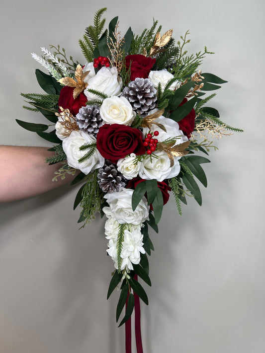 Christmas Cascading Bouquet Bridal Wedding White Red Winter Bouquet Cascade Pine Cones Bridesmaids Ivory Dark Red Gold Artificial Flower