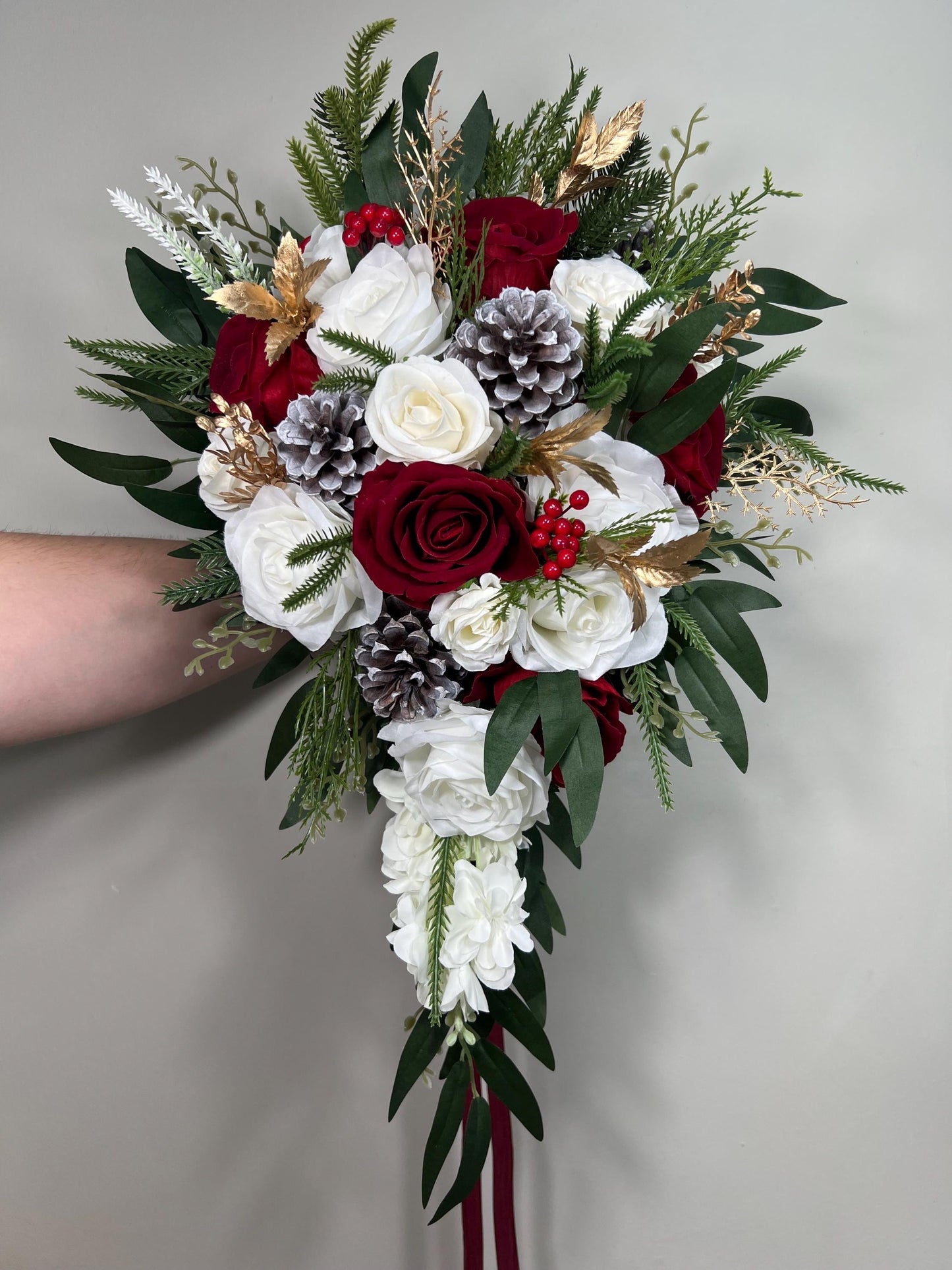 Christmas Cascading Bouquet Bridal Wedding White Red Winter Bouquet Cascade Pine Cones Bridesmaids Ivory Dark Red Gold Artificial Flower
