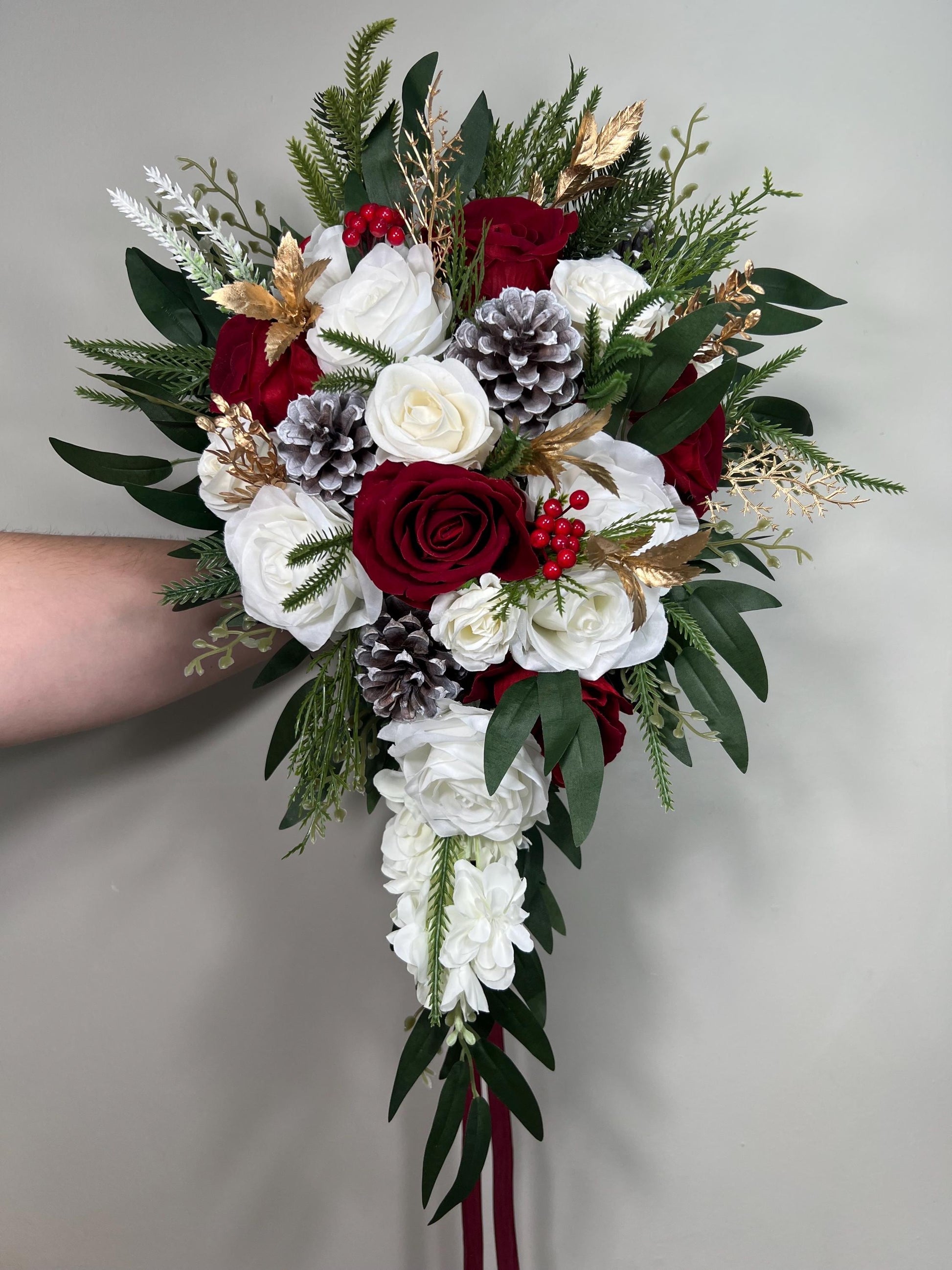Christmas Cascading Bouquet Bridal Wedding White Red Winter Bouquet Cascade Pine Cones Bridesmaids Ivory Dark Red Gold Artificial Flower