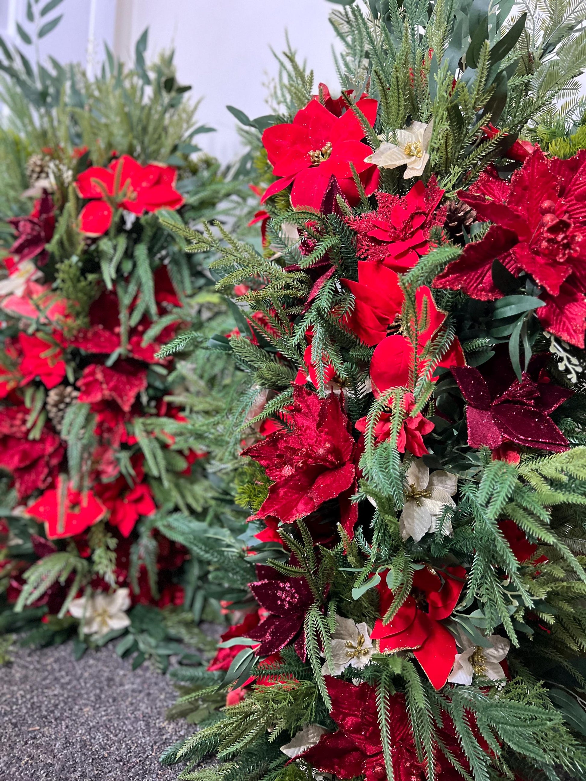 Christmas Aisle Marker Poinsettia Wedding Red Winter Ground Arch Holiday Wedding Backdrop Evergreen Pine Tree Gold Barrel Whiskey Decor