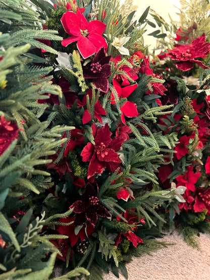 Christmas Aisle Marker Poinsettia Wedding Red Winter Ground Arch Holiday Wedding Backdrop Evergreen Pine Tree Gold Barrel Whiskey Decor