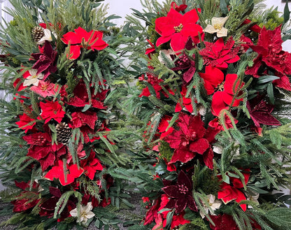 Christmas Aisle Marker Poinsettia Wedding Red Winter Ground Arch Holiday Wedding Backdrop Evergreen Pine Tree Gold Barrel Whiskey Decor