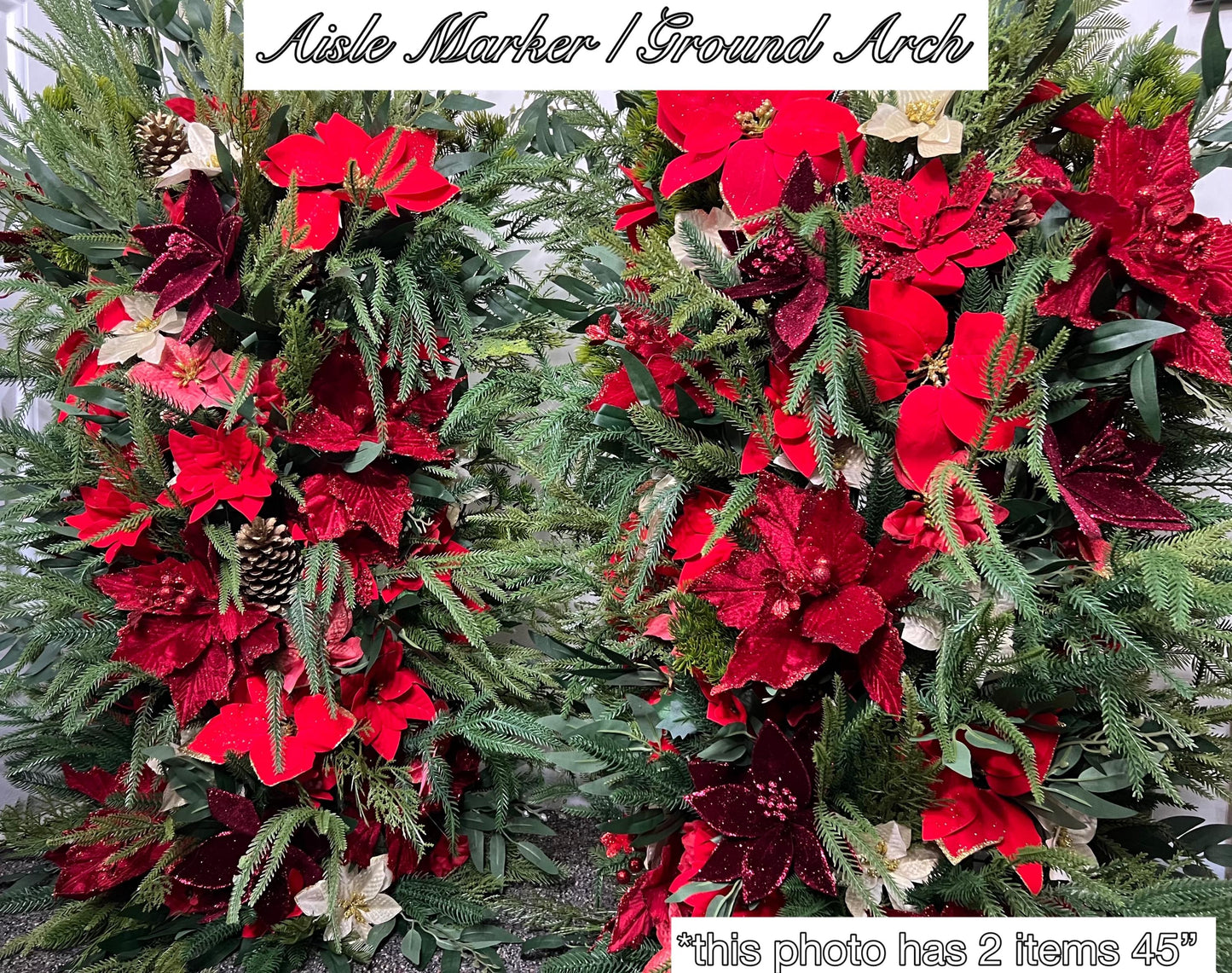 Christmas Aisle Marker Poinsettia Wedding Red Winter Ground Arch Holiday Wedding Backdrop Evergreen Pine Tree Gold Barrel Whiskey Decor