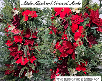 Christmas Aisle Marker Poinsettia Wedding Red Winter Ground Arch Holiday Wedding Backdrop Evergreen Pine Tree Gold Barrel Whiskey Decor