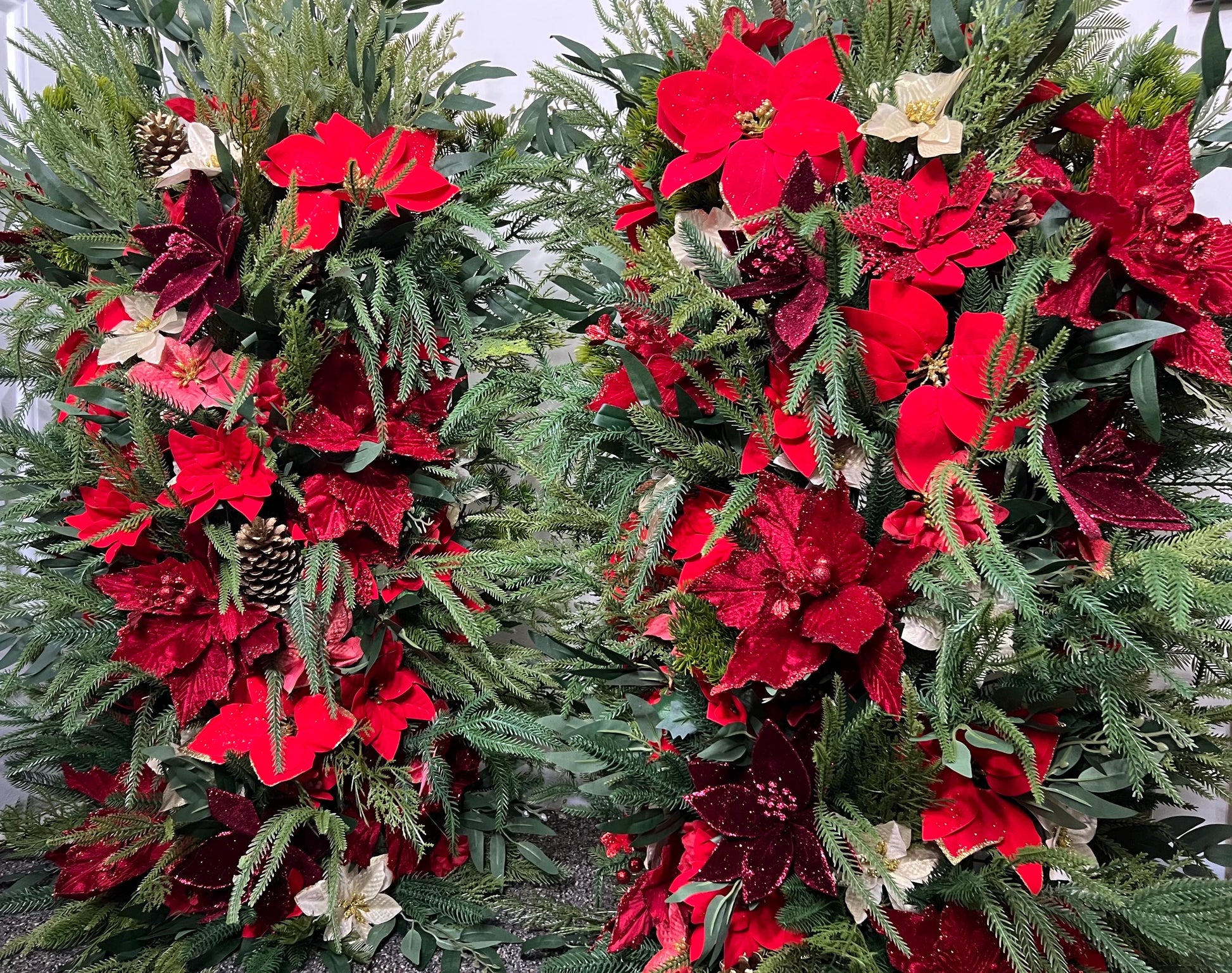 Christmas Aisle Marker Poinsettia Wedding Red Winter Ground Arch Holiday Wedding Backdrop Evergreen Pine Tree Gold Barrel Whiskey Decor