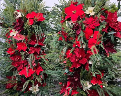 Christmas Aisle Marker Poinsettia Wedding Red Winter Ground Arch Holiday Wedding Backdrop Evergreen Pine Tree Gold Barrel Whiskey Decor