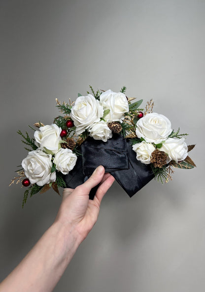 Christmas Pocket Boutonniere Wedding White Groom Pocket Boutonnière Square Winter Groomsmen Gold Ivory Pine Cones Artificial Flower