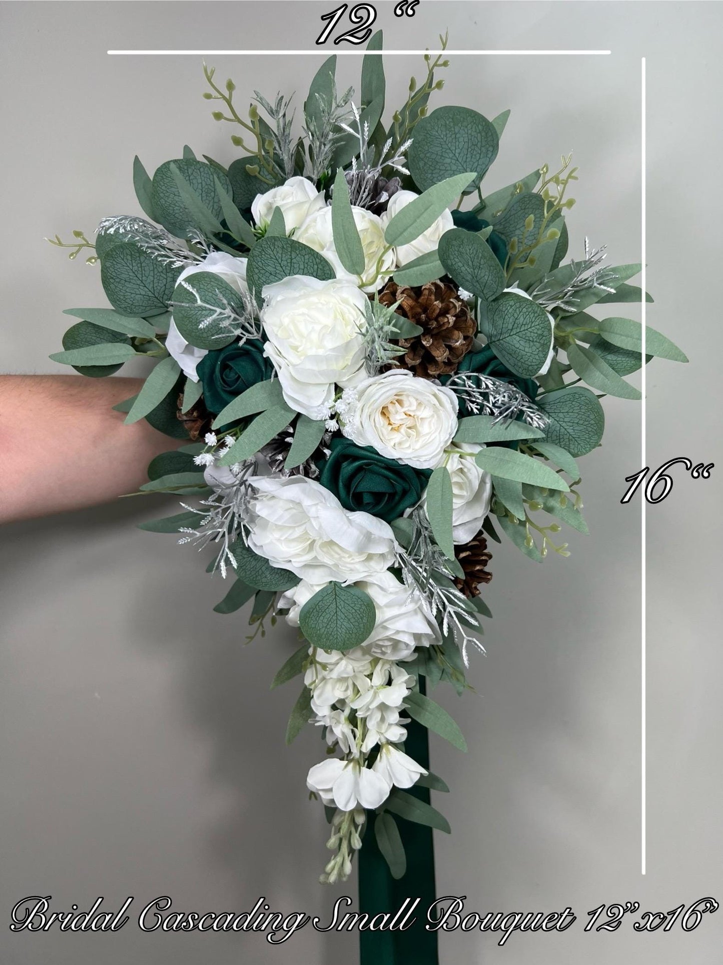 Emerald Green Bouquet Bridal Cascade White Bouquet Bridesmaids Hunter Green Forest Silver Cascading Bouquet Pine Cone Artificial Flower