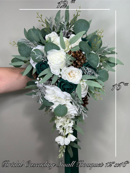 Emerald Green Bouquet Bridal Cascade White Bouquet Bridesmaids Hunter Green Forest Silver Cascading Bouquet Pine Cone Artificial Flower