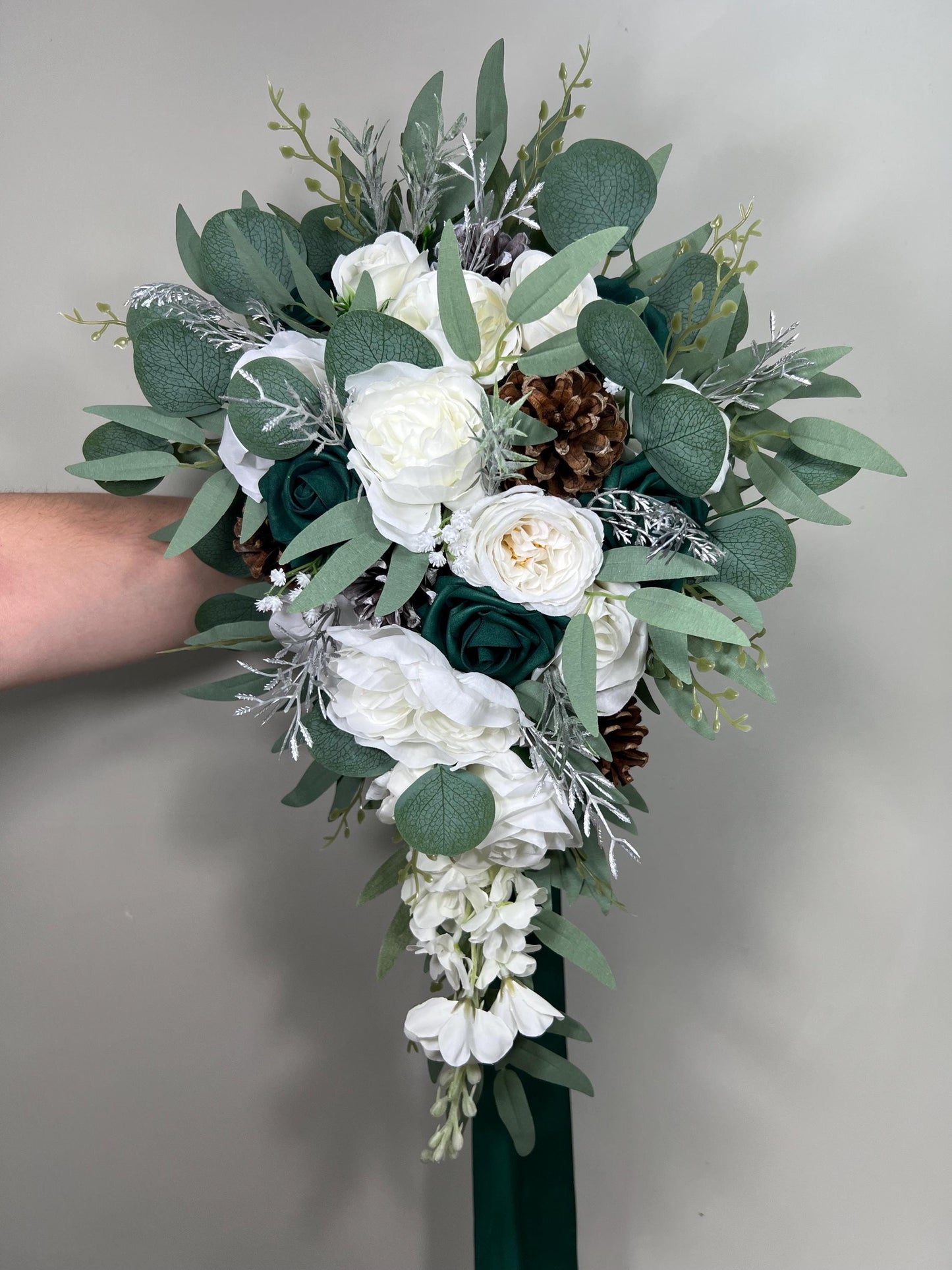 Emerald Green Bouquet Bridal Cascade White Bouquet Bridesmaids Hunter Green Forest Silver Cascading Bouquet Pine Cone Artificial Flower