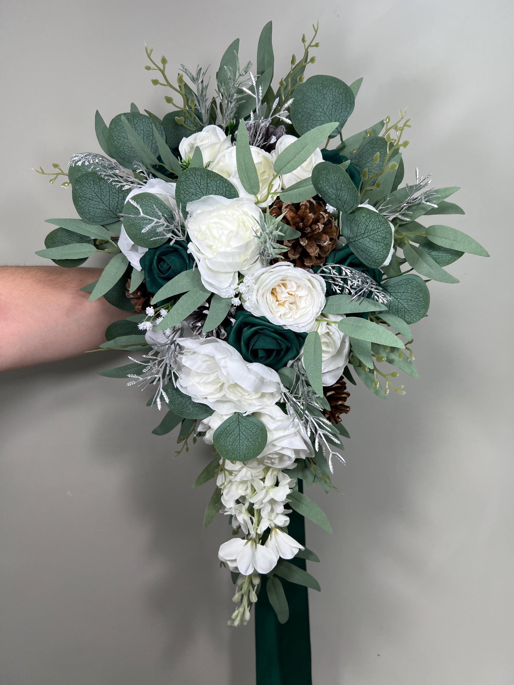 Emerald Green Bouquet Bridal Cascade White Bouquet Bridesmaids Hunter Green Forest Silver Cascading Bouquet Pine Cone Artificial Flower