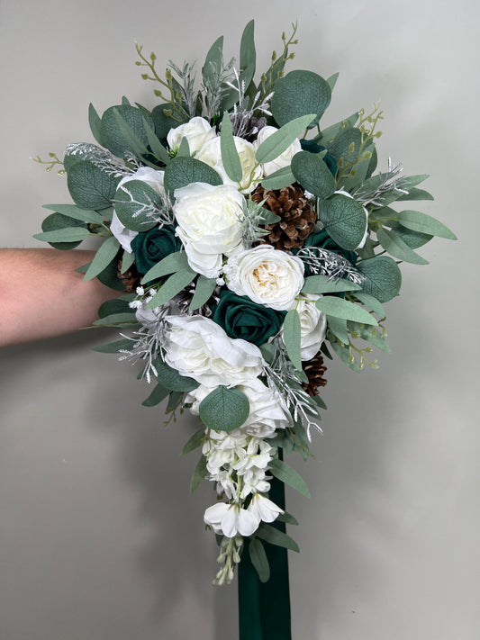 Emerald Green Bouquet Bridal Cascade White Bouquet Bridesmaids Hunter Green Forest Silver Cascading Bouquet Pine Cone Artificial Flower