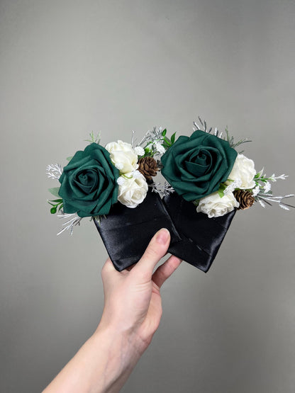 Emerald Green Bouquet Bridal Cascade White Bouquet Bridesmaids Hunter Green Forest Silver Cascading Bouquet Pine Cone Artificial Flower