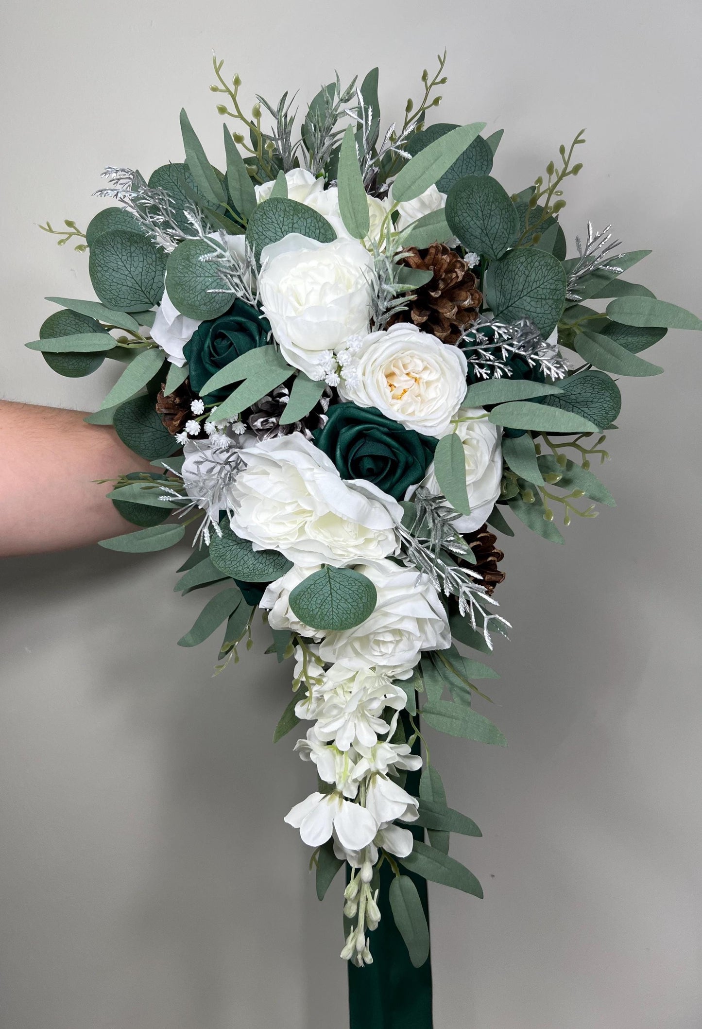 Emerald Green Bouquet Bridal Cascade White Bouquet Bridesmaids Hunter Green Forest Silver Cascading Bouquet Pine Cone Artificial Flower