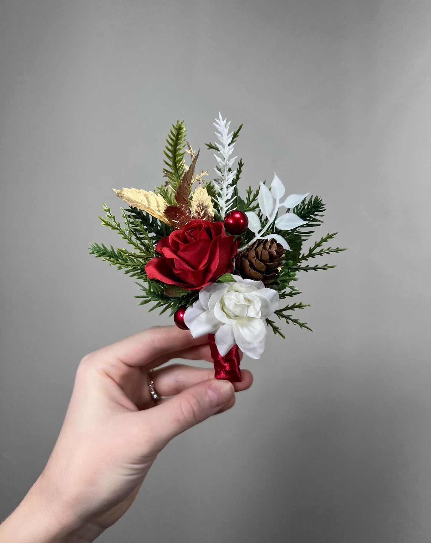 Christmas Corsage Wedding Red Wrist Corsage White Bridesmaids Rustic Gold Mom Corsage Winter Tree Pine Cone Artificial Flower