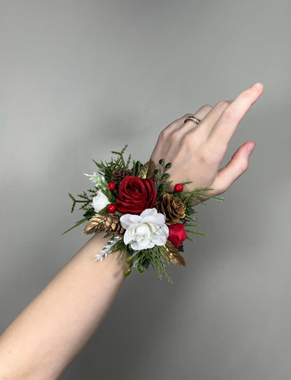 Christmas Boutonnière Wedding Red Boutonniere Groom White Groomsmen Rustic Gold Boutonniere Winter Tree Pine Cone Artificial Flower