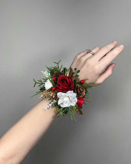 Christmas Corsage Wedding Red Wrist Corsage White Bridesmaids Rustic Gold Mom Corsage Winter Tree Pine Cone Artificial Flower