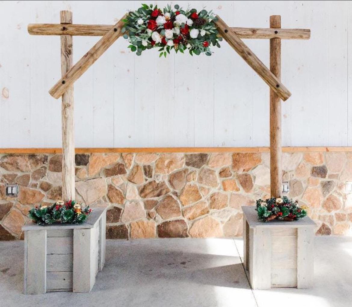 Wedding Christmas Bouquet Bridal Red White Rustic Bridesmaids Decor Gold Christmas Tree Winter Snow Pine Cone Red Berries Artificial