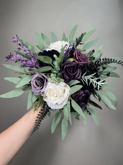 Black Plum White Bouquet Wedding Bridal Gothic Bouquet Dark Purple Black Ivory Dusty Sage Green Bridesmaids Bouquet Artificial Flowers