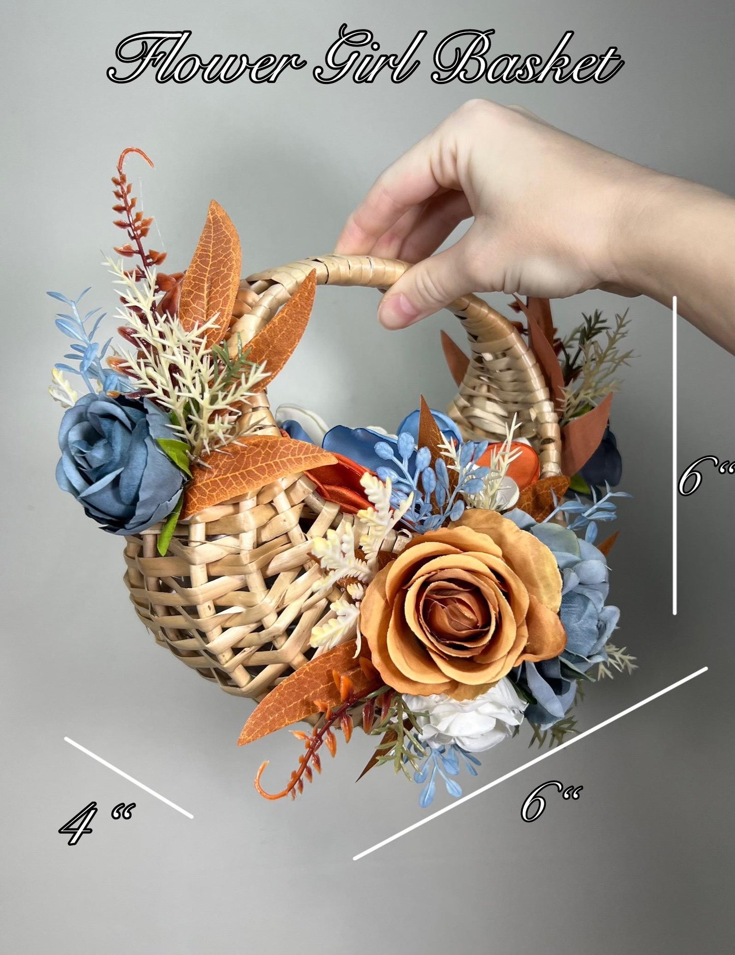 Dusty Blue Orange Flower Girl Basket Wedding Terracotta Burnt Orange Flower Girl Fall Woven Rattan Basket for Petals Blue Artificial Flowers