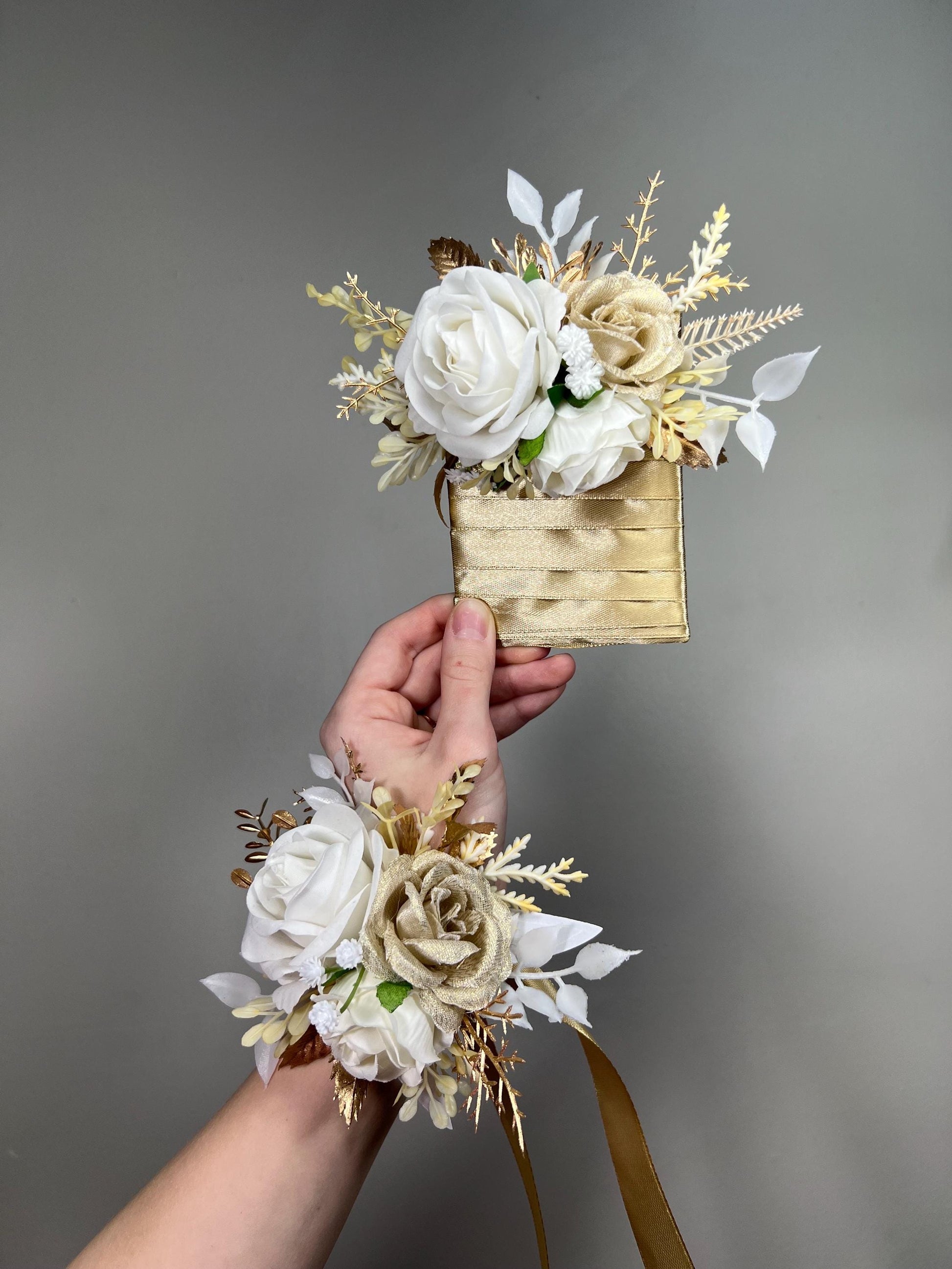 White Gold Pocket Boutonniere Groom Wedding Beige Champagne Ivory Square Boutonnière Prom Groomsmen Cream Roses Artiticial Flower