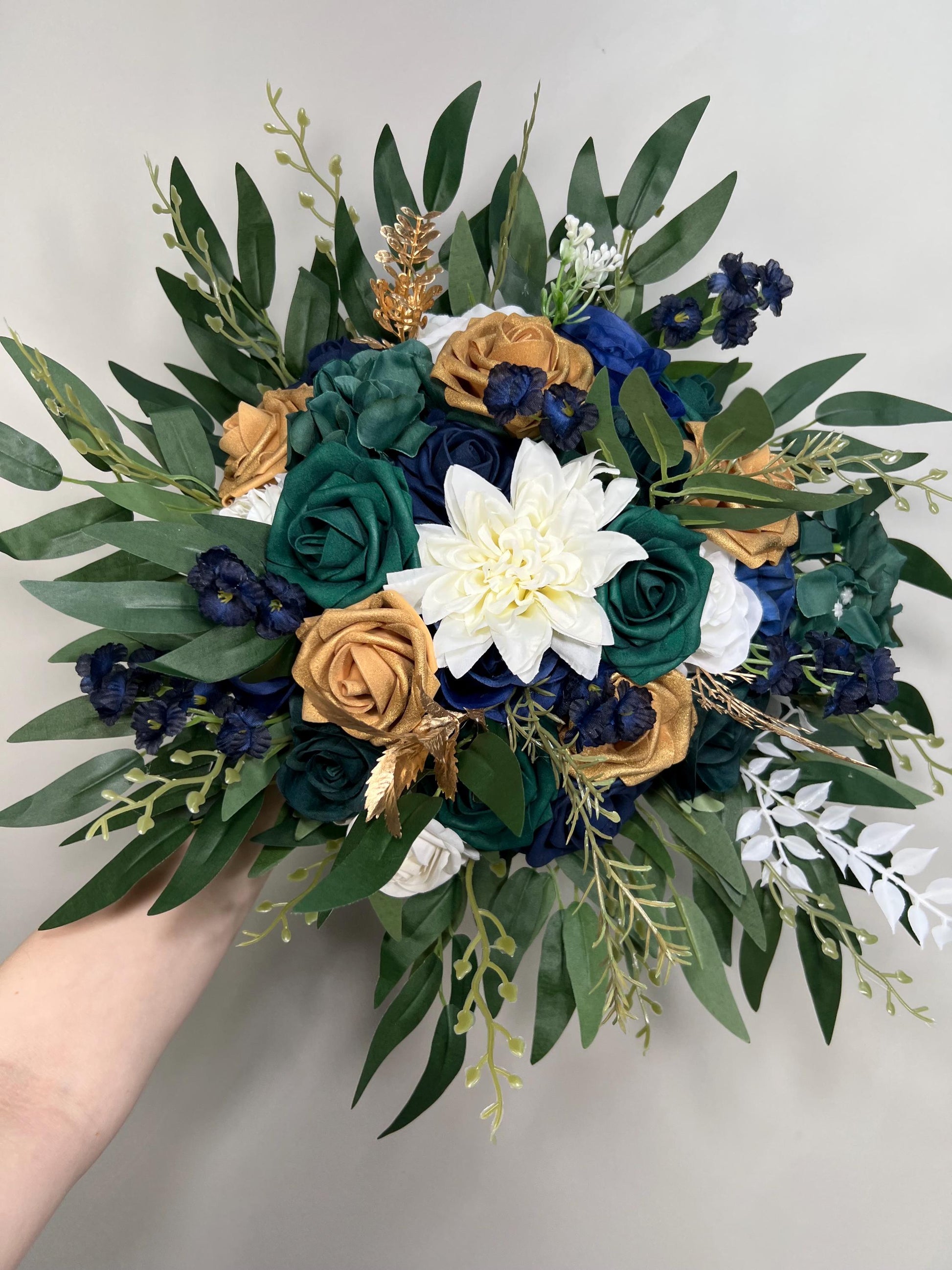 Navy Blue Dark Green Bouquet Bridal Gold White Emerald Green Hunter Bridesmaids Bouquet Rustic Peacock Ivory Eucalyptus Artificial Flower
