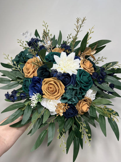 Navy Blue Dark Green Bouquet Bridal Gold White Emerald Green Hunter Bridesmaids Bouquet Rustic Peacock Ivory Eucalyptus Artificial Flower