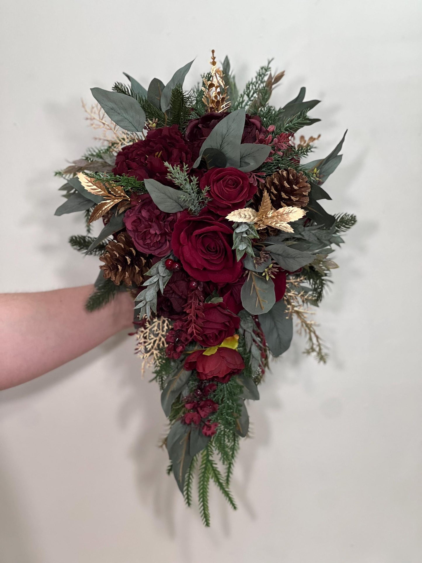 Burgundy Winter Bouquet Wedding Bridal Christmas Cascading Wine Red Rustic Bouquet Cascade Bridesmaids Maroon Gold Pine Cones Evergreen