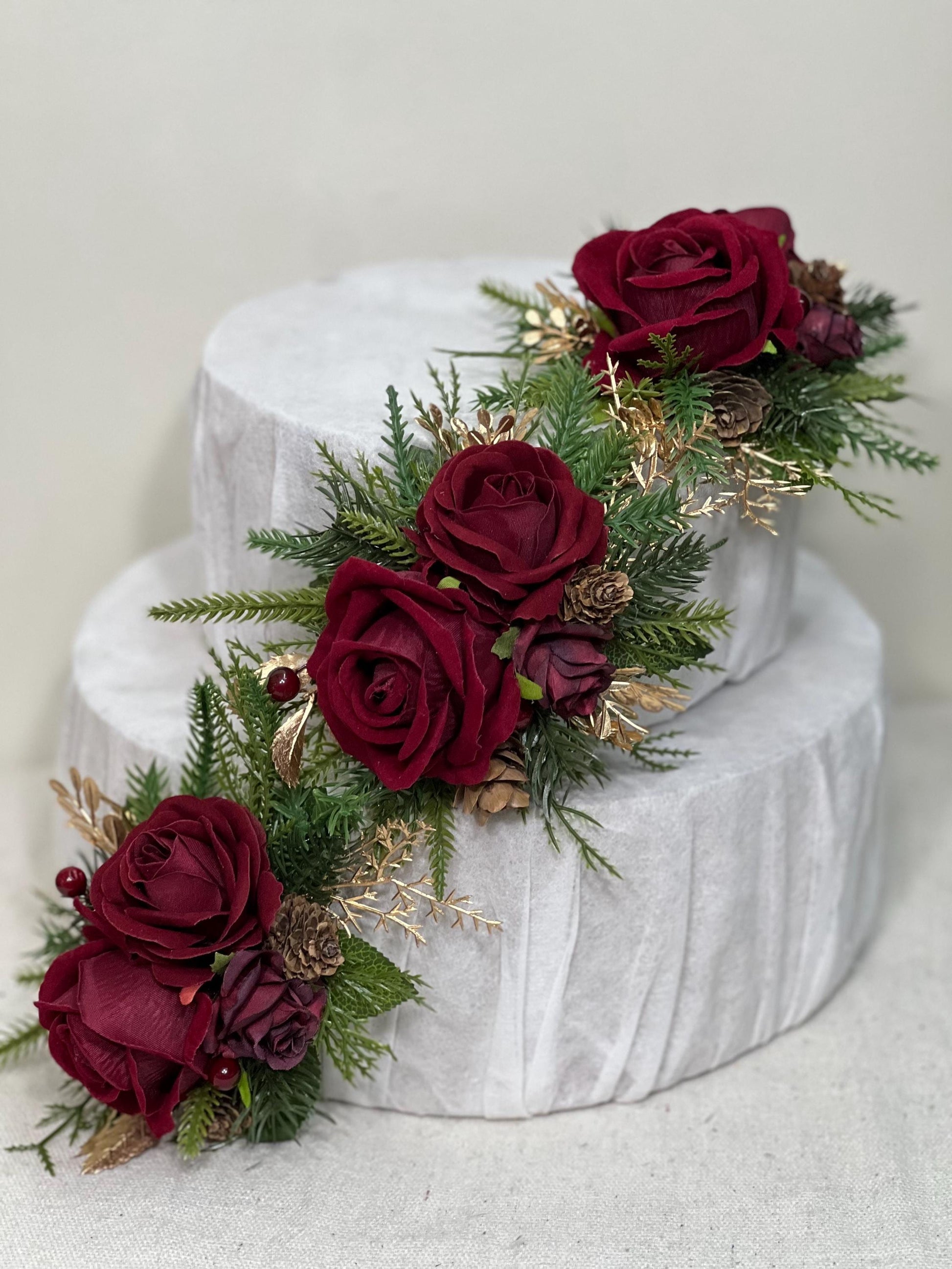 Christmas Cake Decoration Wedding Burgundy Cake Artificial Flowers Wine Red Gold Pine Cones Evergreen Cake Arrangement Decor Silk Flowers