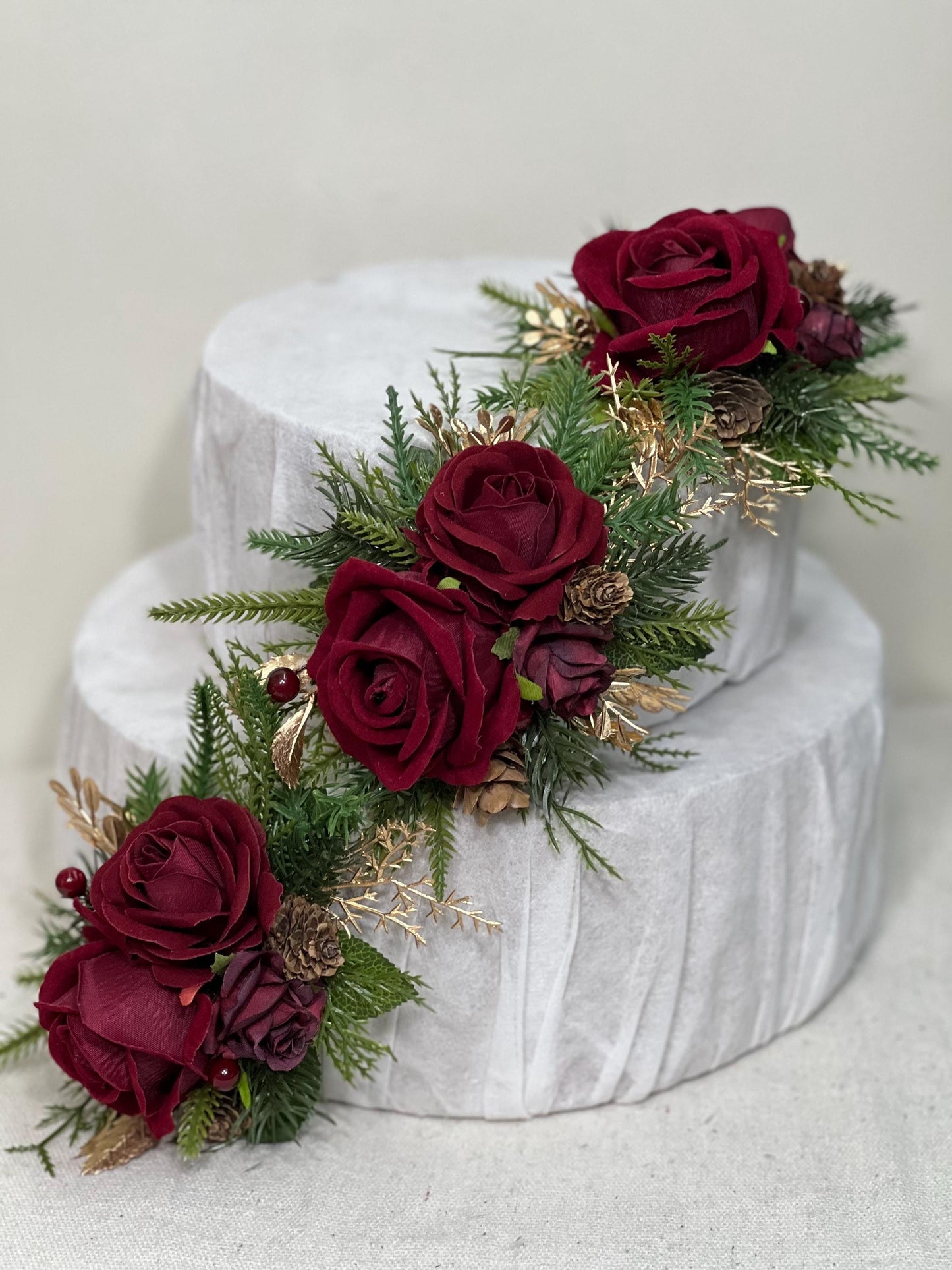 Christmas Cake Decoration Wedding Burgundy Cake Artificial Flowers Wine Red Gold Pine Cones Evergreen Cake Arrangement Decor Silk Flowers