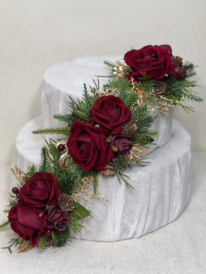Christmas Cake Decoration Wedding Burgundy Cake Artificial Flowers Wine Red Gold Pine Cones Evergreen Cake Arrangement Decor Silk Flowers