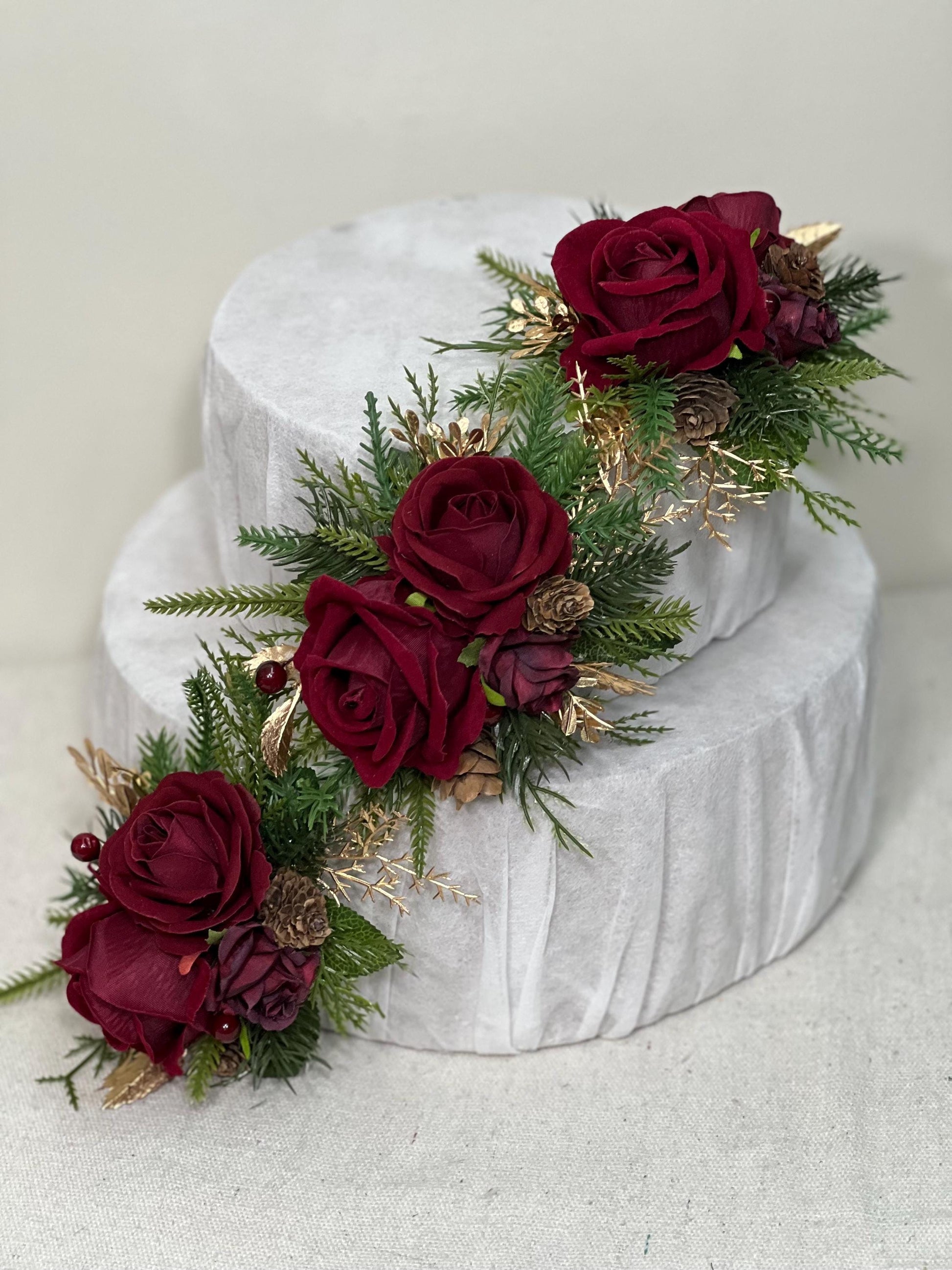 Christmas Cake Decoration Wedding Burgundy Cake Artificial Flowers Wine Red Gold Pine Cones Evergreen Cake Arrangement Decor Silk Flowers