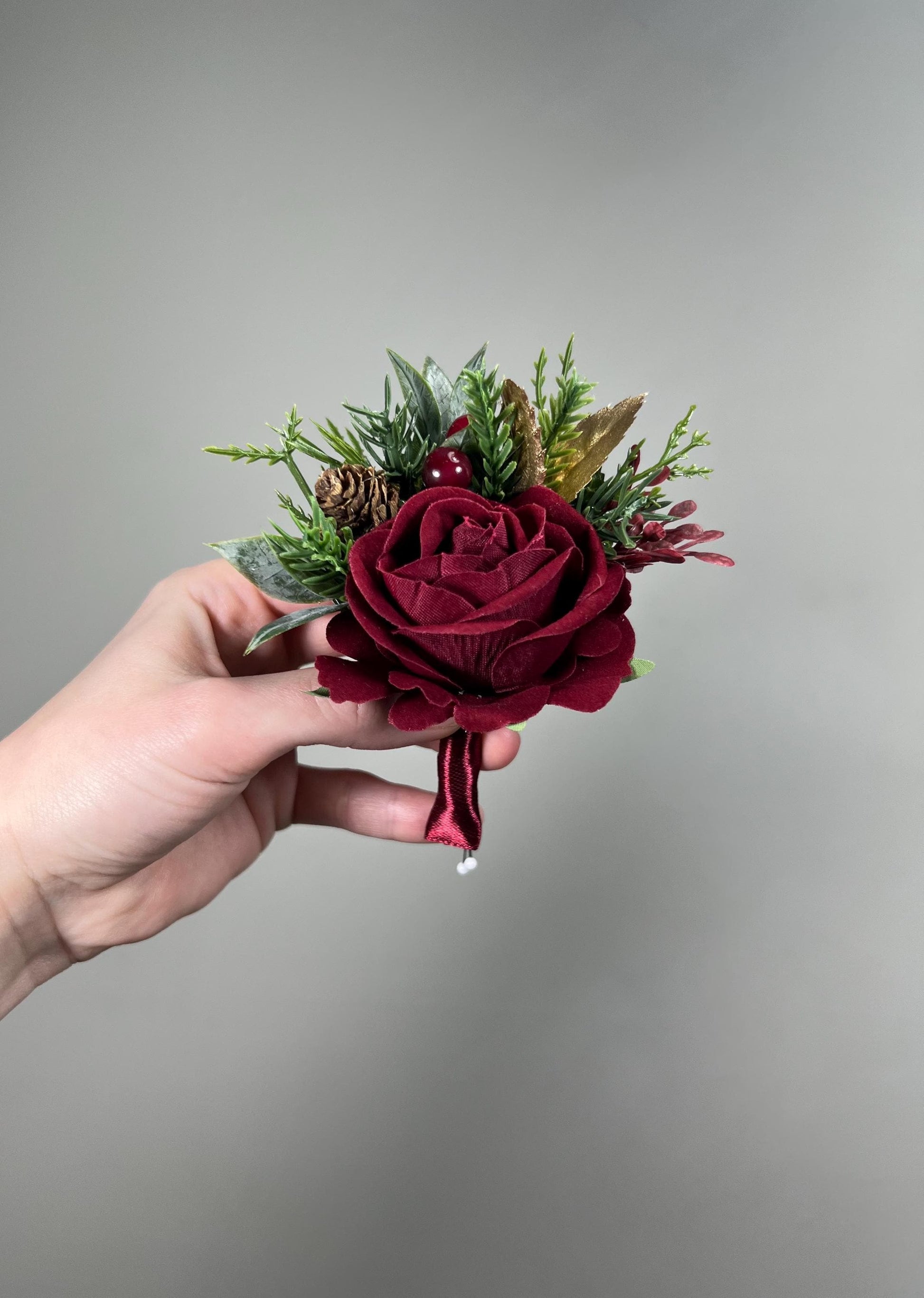 Burgundy Boutonnière Wedding Groom Christmas Winter Groomsmen Gold Pine Cones Maroon Rose Rustic Lapel Pin Men Evergreen Artificial Flower
