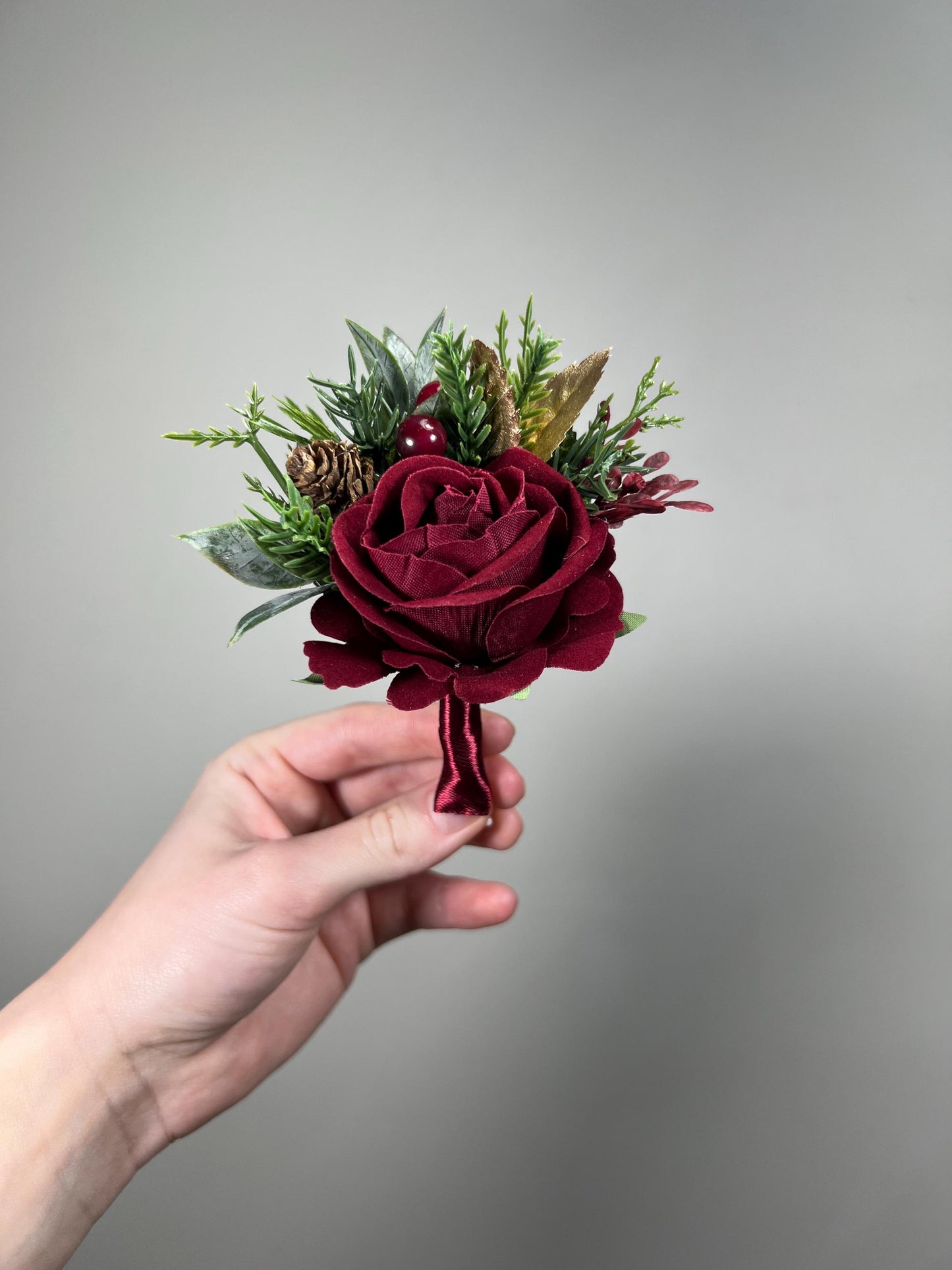 Burgundy Boutonnière Wedding Groom Christmas Winter Groomsmen Gold Pine Cones Maroon Rose Rustic Lapel Pin Men Evergreen Artificial Flower