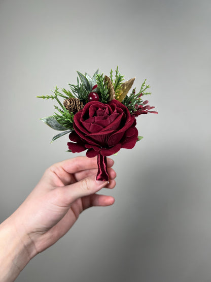 Burgundy Boutonnière Wedding Groom Christmas Winter Groomsmen Gold Pine Cones Maroon Rose Rustic Lapel Pin Men Evergreen Artificial Flower